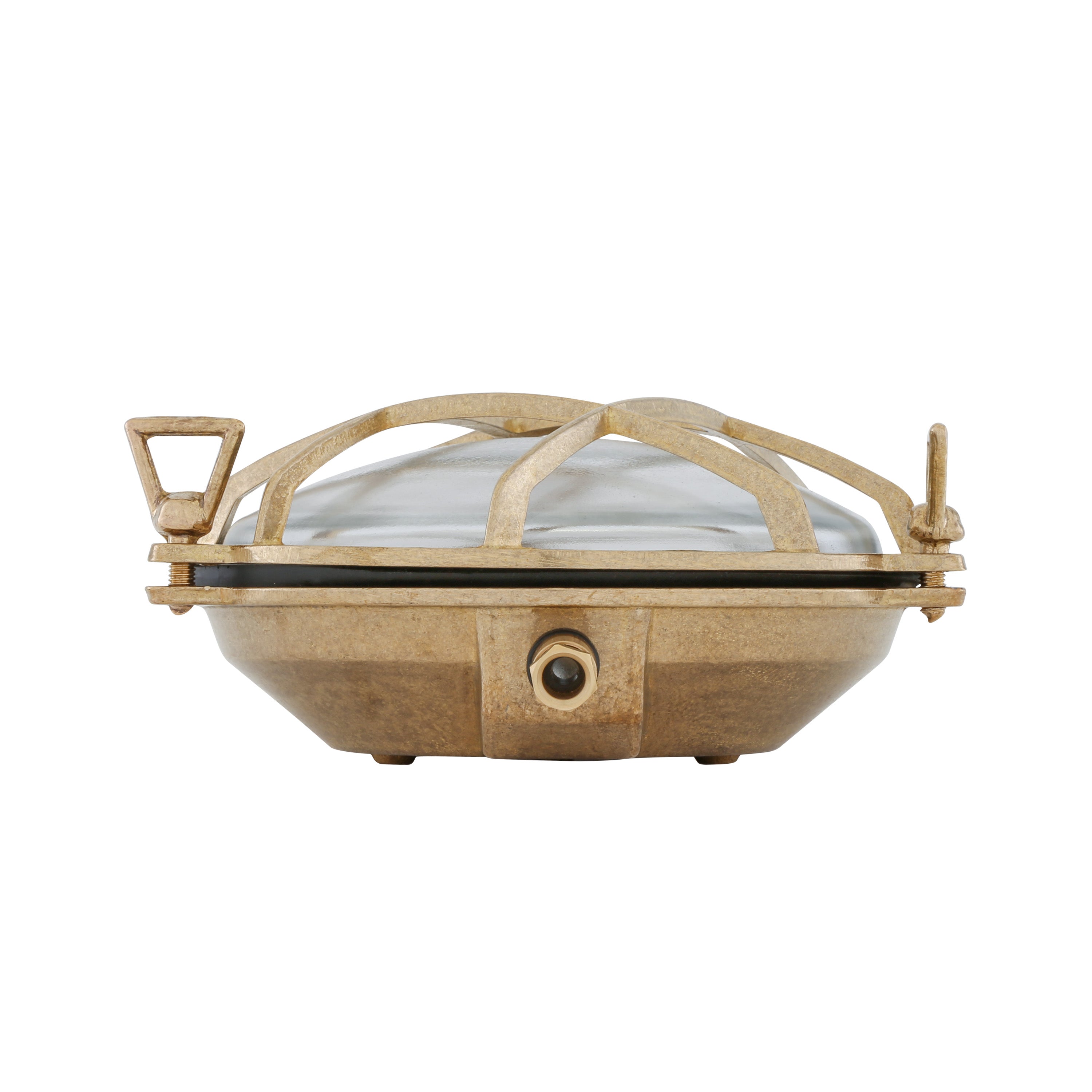 Round brass light fixture with grid design on a white background side view