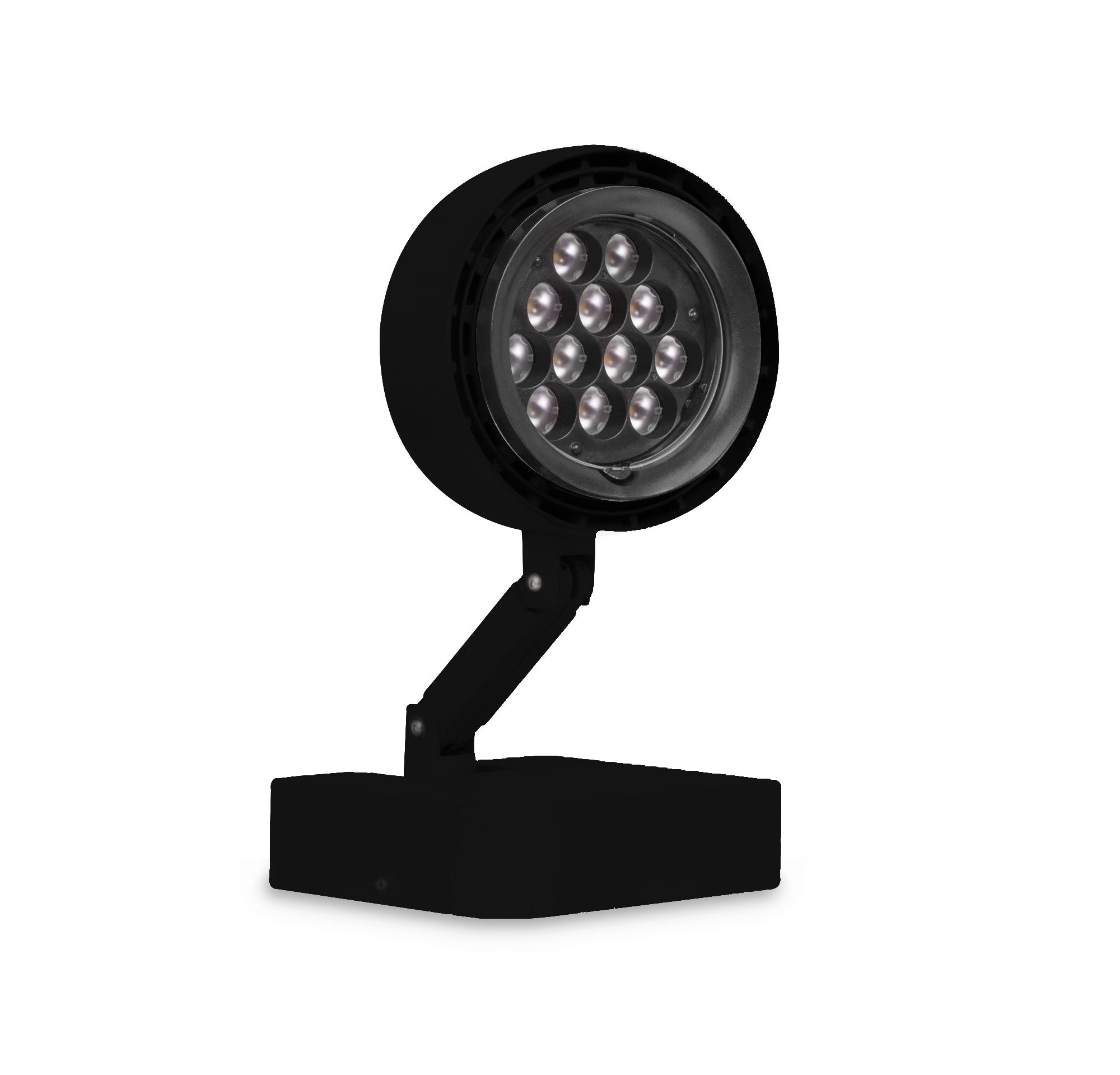 Black spotlight with adjustable arm on a white background