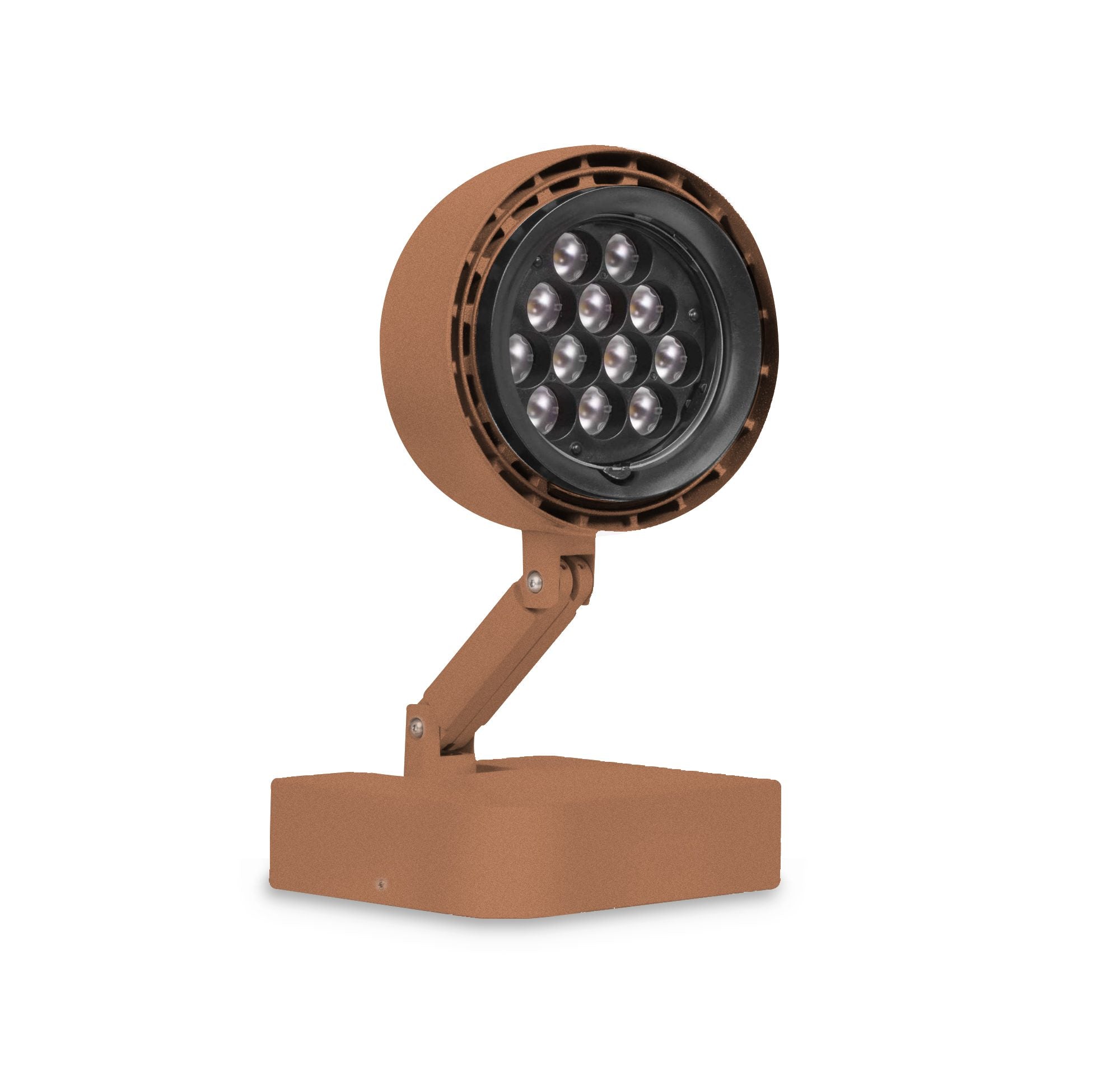 Rust coloured spotlight with adjustable arm on a white background