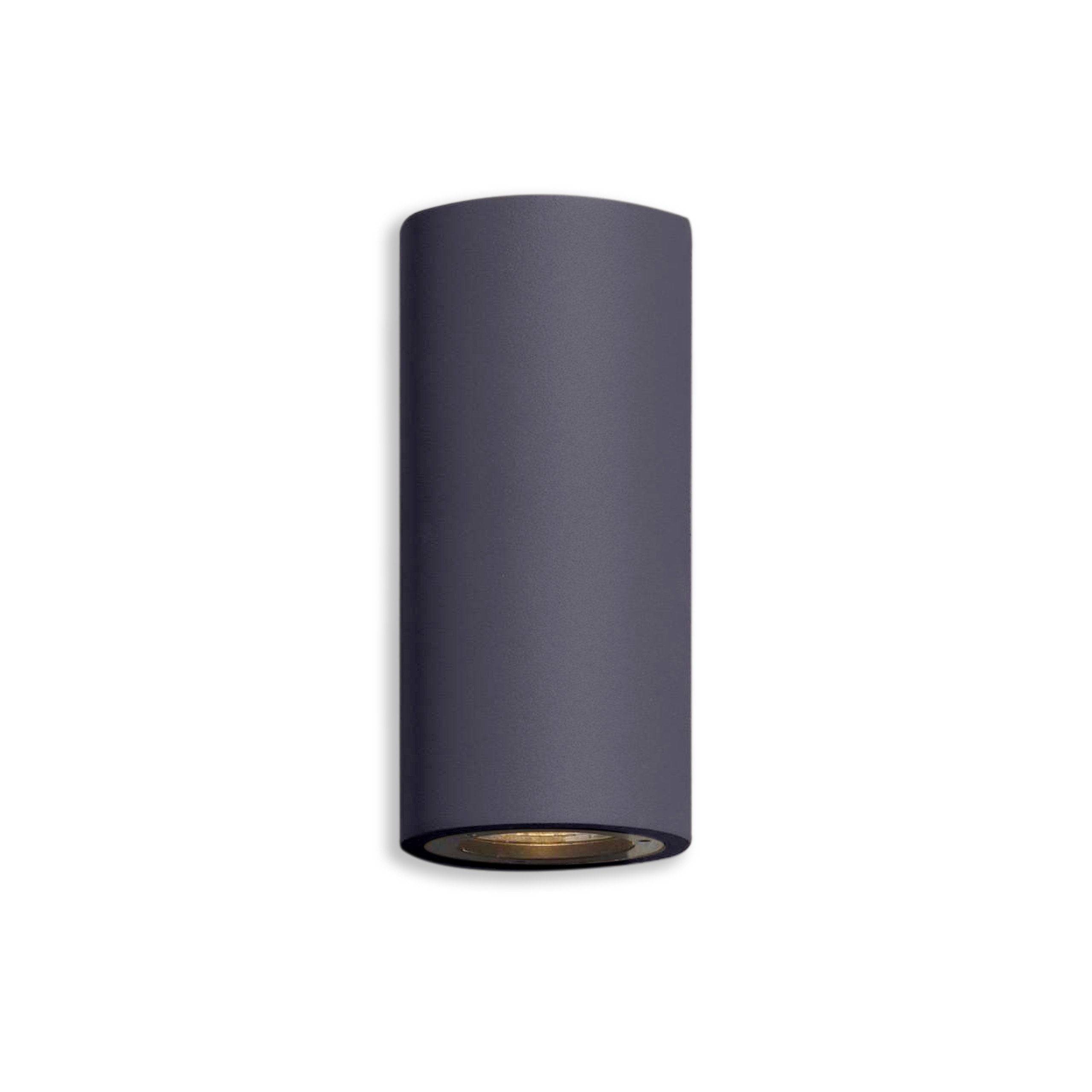 Cylindrical carbon grey wall light fixture on a white background