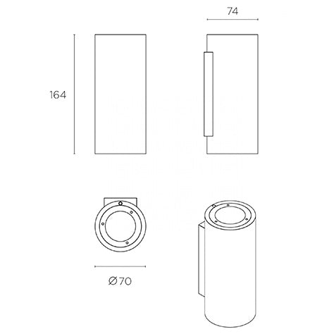 Technical drawing of a wall mounted downlight with dimensions labeled