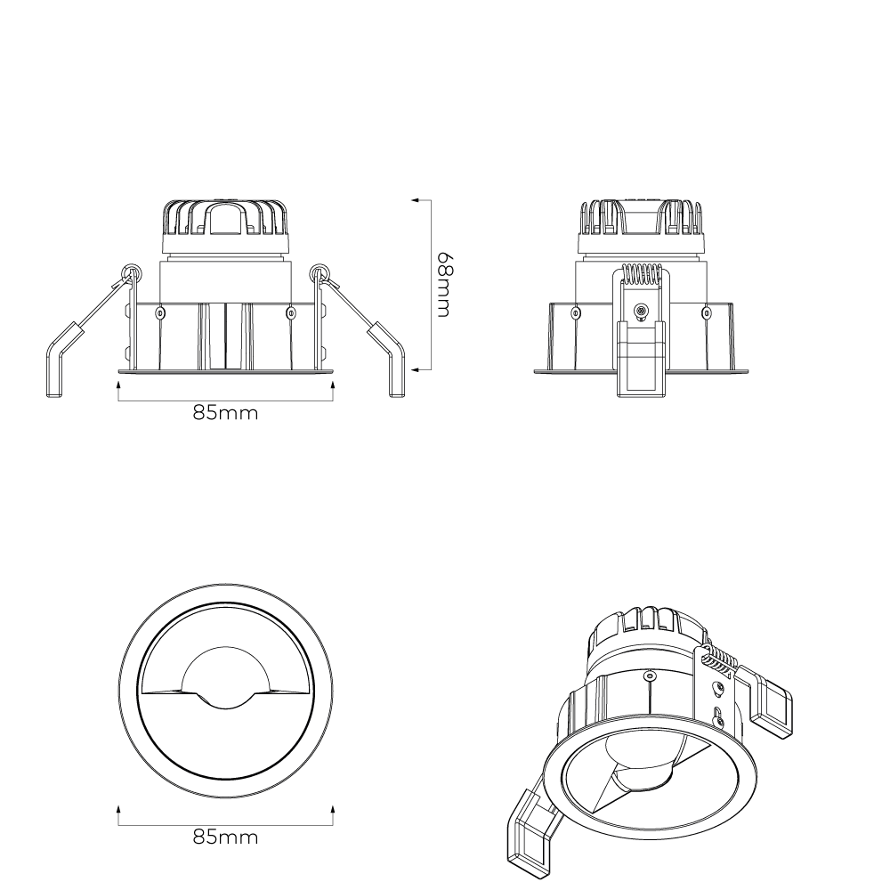 Technical drawing of a wall washer downlight with dimensions labeled