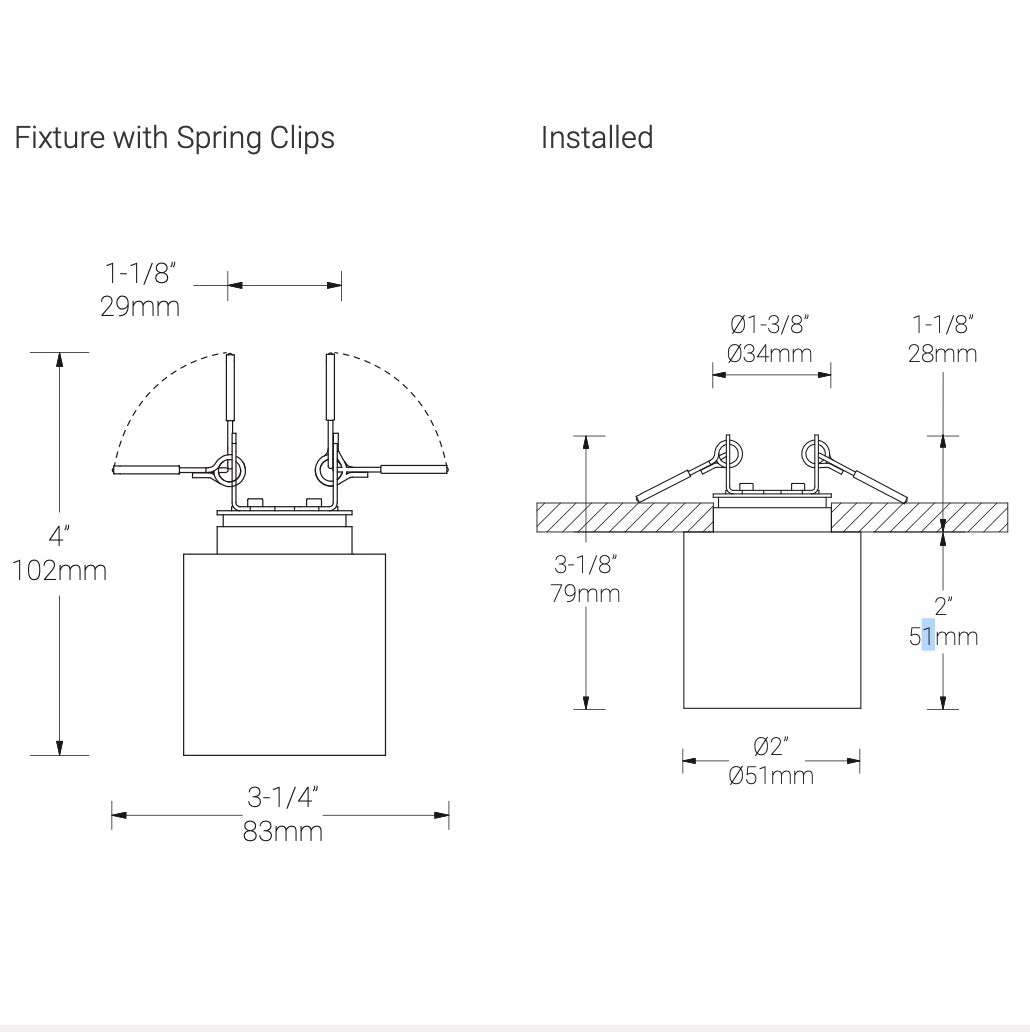 Technical drawing of a fixture with spring clips showing dimensions.
