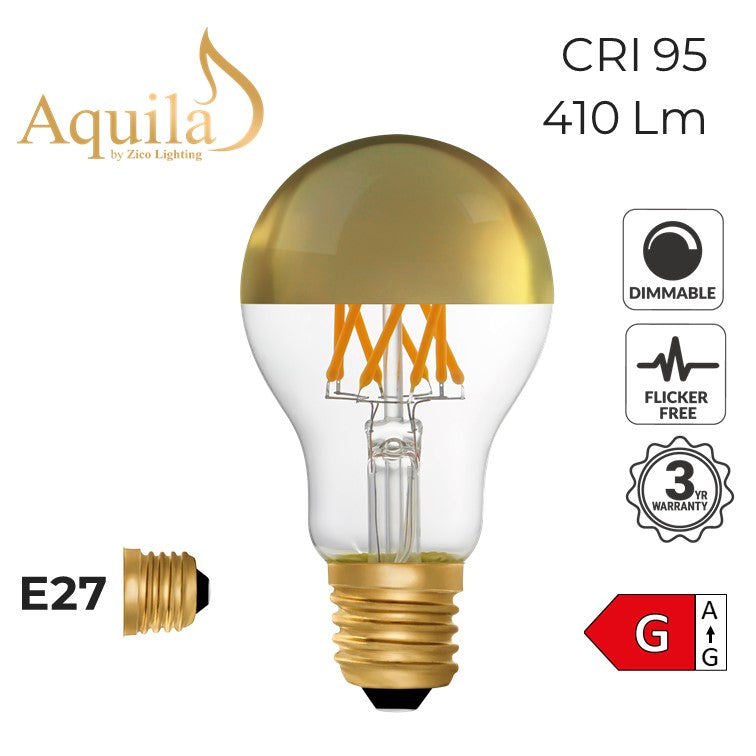 Gold mirrored GLS lamp on white background with technical information