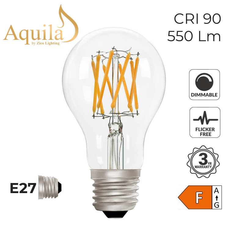 LED light bulb with Aquila branding and specifications on a white background