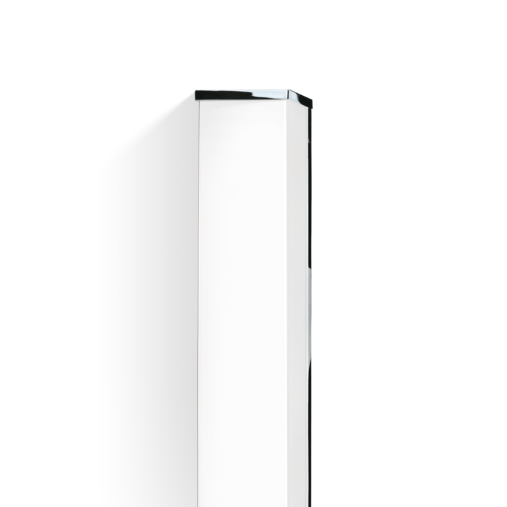 A tall rectangular chrome bathroom wall light that emits a warm white light, designed in a modern style with a sleek finish.