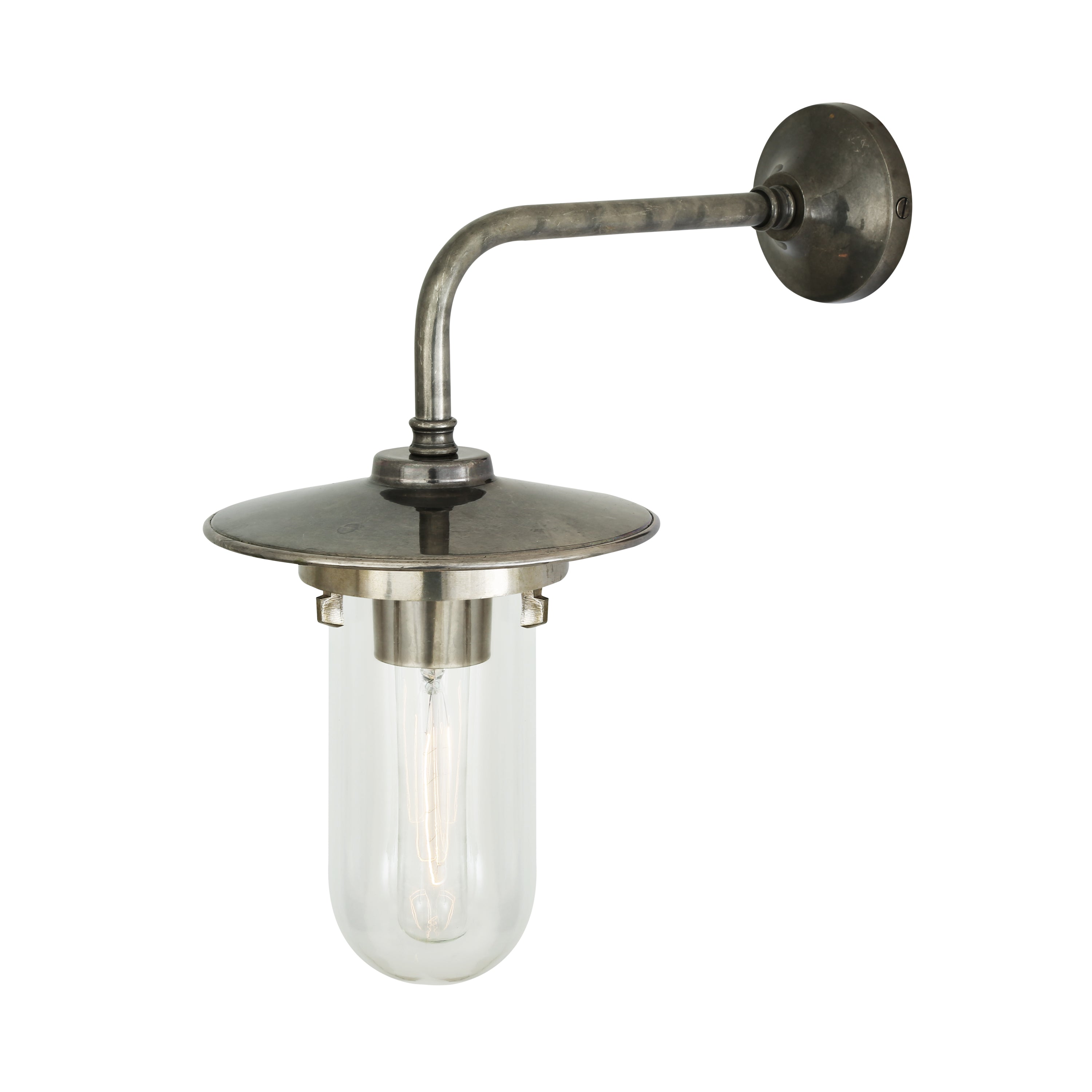 Vintage-style wall-mounted light fixture in antique silver with clear glass shade and exposed bulb on a white background