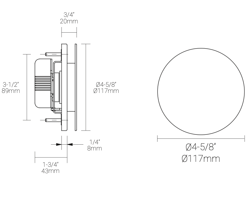Technical drawing of a circular wall light with dimensions labeled