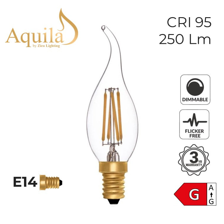 C35 Flame Tip Candle Clear 4W 2200K E14 NEW*